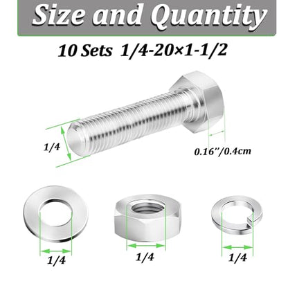 10 Sets 1/4-20 x 1-1/2" Stainless Steel Hex Head Screws Bolts, Flat, Nuts & Lock Washers,Hex Bolts 18-8(304) Full Thread - color: Silver-hex, size: 1/4-20x1-1/2"(10 sets)