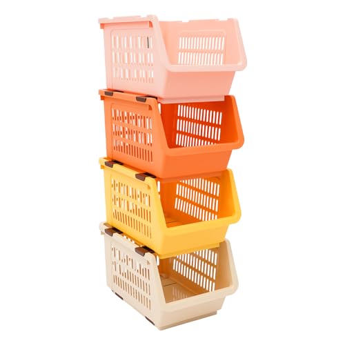 4 Pcs Open Front Stackable Storage Bins, PP Stacking Organizer Baskets with Rolling Wheels, Telescopic Buckles, Nestable, 38.58lbs Load (Ocean Mix) - color: Ocean Mix