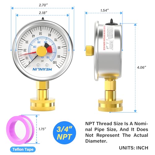 MEANLIN MEASURE Stainless Steel 0~100Psi 3/4" Female Water Pressure Test Gauge, 2.5" FACE DIAL with Red Indicator Hands, Dry Hydraulic Tester Suitable for Gardens, Water Pipes - color: Silver, size: 0-100Psi (Stainless Steel Case)