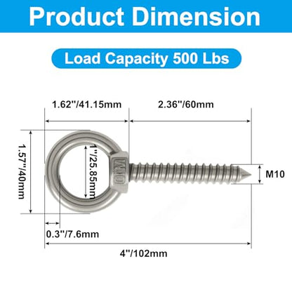 4pcs Heavy Duty Screw Eye Hooks M10-4 Inch Self Tapping Stainless Steel Eyelet Screw with 500 LBS Load Capacity for Hanging, Hammock & Swing Chair - size: 4 Inch