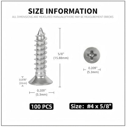 #4 x 5/8 [100 Pack] Flat Head Phillips Drive Self Tapping Screws, Sheet Metal Screws, 304 Stainless Steel (18-8), Corrosion Resistant Screws for Wood, Sheet Metal and More - size: #4 x 5/8
