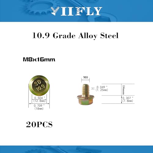 M8 x 16mm Flanged Hex Head Bolts, M8x1.25 Pitch, Grade 10.9 Alloy Steel, Color Zinc Plated, Full Thread, 20 Pack - size: M8 x 16mm(20PCS)