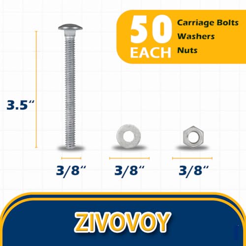 3/8" x 3-1/2" Hot Dip Galvanized Grade 307A Carriage Bolt Kit, 50 Pack, Comes with 3/8" USS Flat Washers & 3/8"-16 Hex Nuts, Heavy Duty Exterior Construction Use - size: 3/8"x3-1/2"