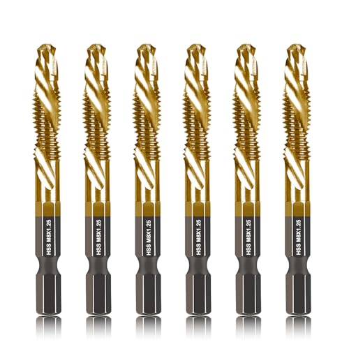 DKIBBITH 6-pc Metric M8 Combination Drill Tap Bit Set, M8*1.25 Thread Size, Titanium Coated High-Speed Steel, Ideal for Drilling and Threading in Soft Metal Wood and Plastic,1/4" Hex Shank - size: M8x1.25
