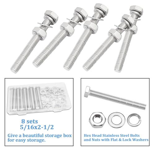 8 Sets 5/16-18 x 2-1/2" Stainless Steel Hex Head Screws Bolts, Flat, Nuts & Lock Washers,Hex Bolts 18-8(304) Full Thread - color: Silver-hex, size: 5/16x2-1/2"(8 sets)