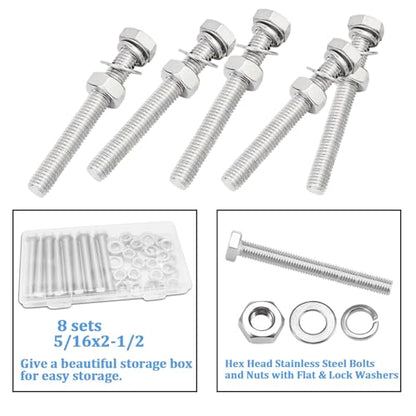 8 Sets 5/16-18 x 2-1/2" Stainless Steel Hex Head Screws Bolts, Flat, Nuts & Lock Washers,Hex Bolts 18-8(304) Full Thread - color: Silver-hex, size: 5/16x2-1/2"(8 sets)