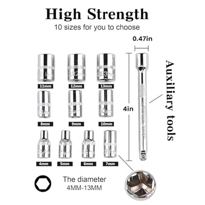 Egofine 12pcs 1/4 Inch Mini Ratchet Socket Wrench Set, Drive Socket Set with 10 Sockets (4-13mm) and 2 Way Quick Released Ratchet Handle and Extension Bar - color: 12pc Standard Socket Set, size: 1/4