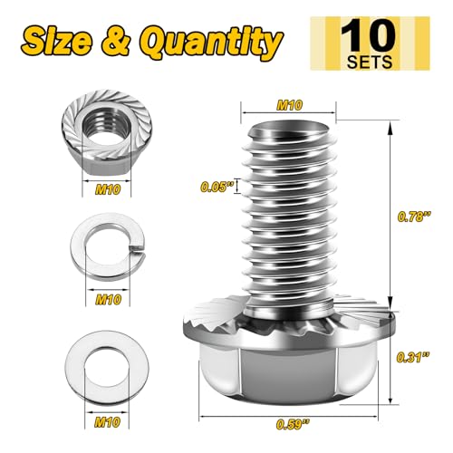 M10 x 20mm (10 Sets) M10x1.5 Bolt Flanged Hex Head Nuts and Bolts, M10 Flange Hexagon Screws with Nuts and Washers, 304 Stainless Steel 18-8 Metric Bolt Assortment, DIN 6921, By Mywish - color: Silver-M10, size: 20mm