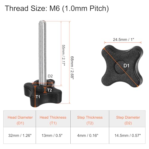 HARFINGTON 6pcs Star Clamping Knobs M6 x 55mm Metric Male Thread 32mm 4-Point Plastic Head Threaded Stud Knob Hand Tightening Thumb Screw Jig Handle, Black - size: M6 x 55mm x 32mm