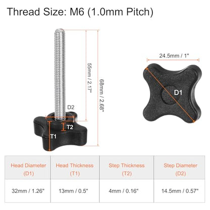 HARFINGTON 6pcs Star Clamping Knobs M6 x 55mm Metric Male Thread 32mm 4-Point Plastic Head Threaded Stud Knob Hand Tightening Thumb Screw Jig Handle, Black - size: M6 x 55mm x 32mm