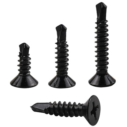 410 Stainless Steel #8 Self Drilling TEK Screw Assortment Kit, Flat Head Self Tapping Sheet Metal Screws, Length 1/2" 3/4" 1" 150 PCS - Black Oxide - size: #8 Flat Head
