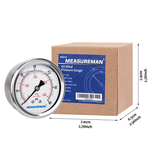 MEASUREMAN 2-1/2inch Dial Size, Liquid Filled Pressure Gauge, 0-60psi/400kpa, 304 Stainless Steel Case, 1/4inchNPT Back Mount - size: 0-60 psi, style: Back Mount
