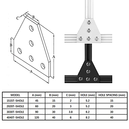 4Set 3030 Corner Bracket 5 Hole T Shape Joint Plates Set for 3030 Aluminum Extrusion AccessoriesSilver(T) - style: 4Set T Shape Silver
