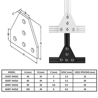4Set 3030 Corner Bracket 5 Hole T Shape Joint Plates Set for 3030 Aluminum Extrusion AccessoriesSilver(T) - style: 4Set T Shape Silver