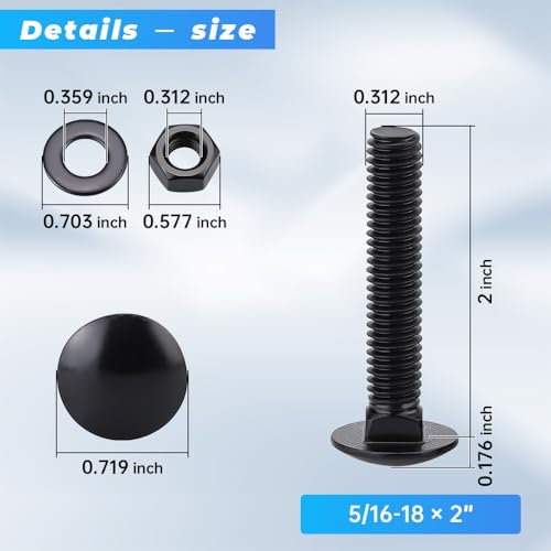 20 Sets 5/16-18 x 2" Black Carriage Bolts Screws and Hex Nuts & Flat Washers, 304 Stainless Steel 18-8, Round Head Square Neck, Full Thread Coverage - size: 5/16-18 x 2"