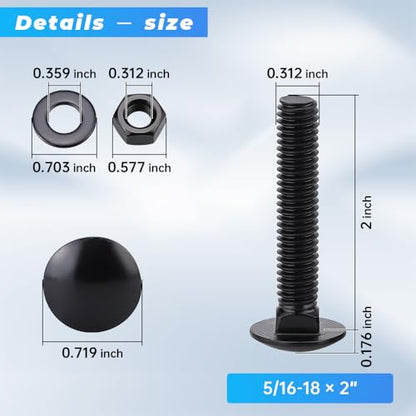 20 Sets 5/16-18 x 2" Black Carriage Bolts Screws and Hex Nuts & Flat Washers, 304 Stainless Steel 18-8, Round Head Square Neck, Full Thread Coverage - size: 5/16-18 x 2"