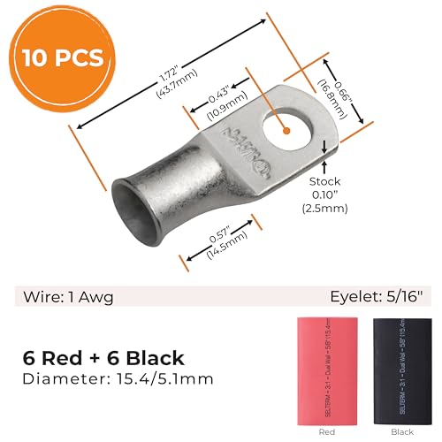 SELTERM 10pcs, 1 Awg, 5/16" Stud Marine Grade Tinned Copper Battery Lugs - color: Tinned Copper Lugs + Heat Shrinks, size: 1 Awg - 5/16" (M8) Ring
