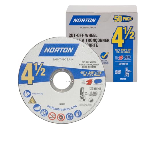 Norton Cut Off Wheels 50-Pack, 4 1/2 Inch High Performance Metal & Stainless Steel Cutting Disc, 7/8'' Arbor, Compatible with Angle Grinders - style: Pack of 50
