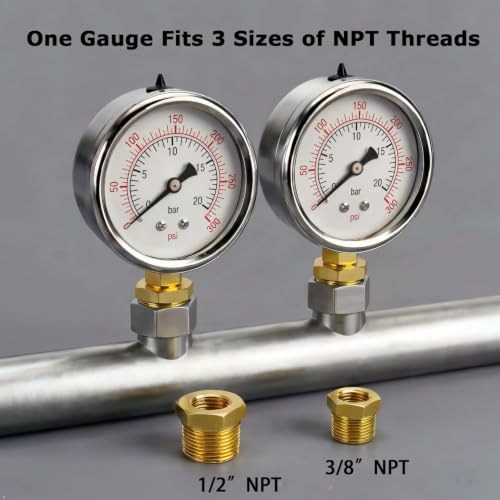 YSIL 1/4 NPT Liquid Filled Pressure Gauge w/ 3/8 NPT 1/2 NPT Adapter 300Psi - size: 0-300 psi