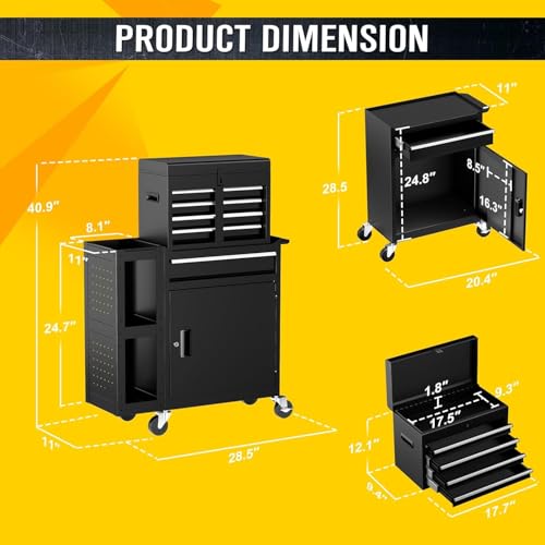5-Drawers Rolling Tool Chest with Wheels, 3-in-1 Exclusive Tool Box Combo with Removable 2-Tire Utility Cart, 30% Extra Storage Rolling Tool Cabinet for Garage Workshop, 29”W x 11”D x 41”H - color: Black, size: 5-Drawers