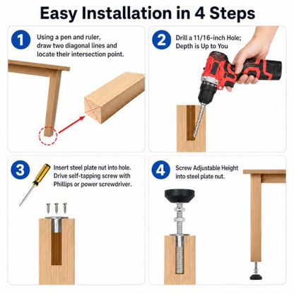 M12 Adjustable Leveling Feet, 4 Pack, 20° Swivel Base with T-Nuts - size: M12 | 5.8" Height | 2" Base | 220 lbs/Leg