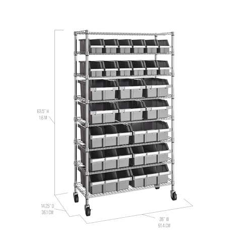 8-Tier NSF 24-Bin Steel Wire Shelving Rack, 36"W x 14.25"D x 63.5"H, Gray - color: Gray, size: 8-Tier Includes 24 Bins