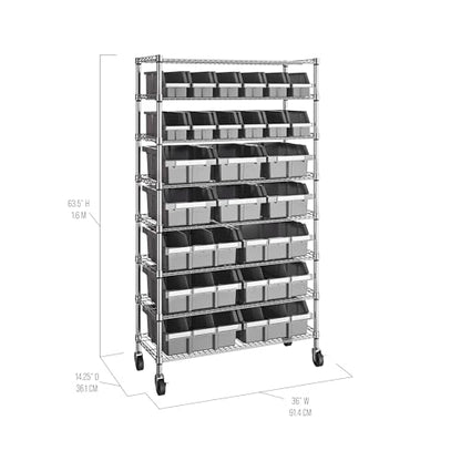 8-Tier NSF 24-Bin Steel Wire Shelving Rack, 36"W x 14.25"D x 63.5"H, Gray - color: Gray, size: 8-Tier Includes 24 Bins