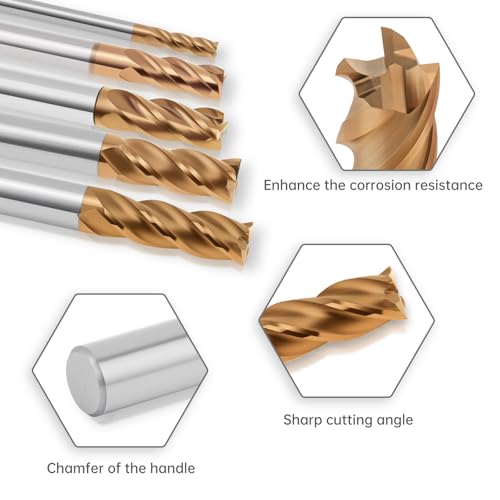 5 Pcs Tungsten Carbide End Mills Set - 1/8" 3/16" 1/4" 5/16" 3/8", 4 Flutes CNC Milling Cutters for Hardened Steel, Alloy Steel, Cast Iron (AlTiN TiSiN Coated) - size: 3-5-6-8-10mm, style: 5Pcs