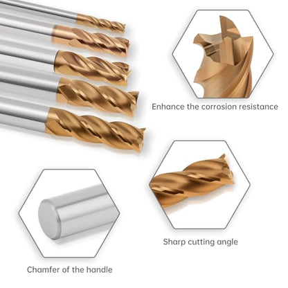 5 Pcs Tungsten Carbide End Mills Set - 1/8" 3/16" 1/4" 5/16" 3/8", 4 Flutes CNC Milling Cutters for Hardened Steel, Alloy Steel, Cast Iron (AlTiN TiSiN Coated) - size: 3-5-6-8-10mm, style: 5Pcs