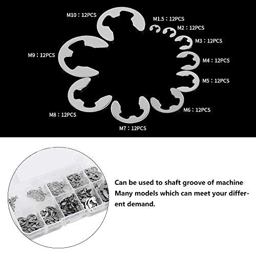 120Pcs E Clip Retaining Snap Opening Ring Circlip Kit, 10 Size 1.5/2/3/4/5/6/7/8/9/10mm with Plastic Box, 304 Stainless Steel E Clips Assortment Kit
