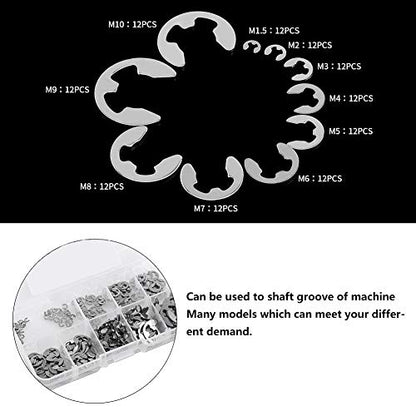 120Pcs E Clip Retaining Snap Opening Ring Circlip Kit, 10 Size 1.5/2/3/4/5/6/7/8/9/10mm with Plastic Box, 304 Stainless Steel E Clips Assortment Kit