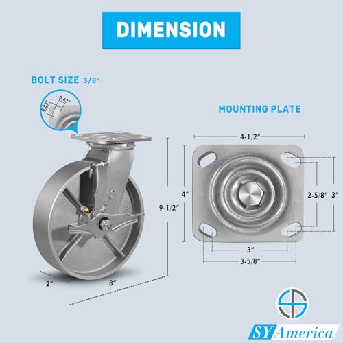 SY America 8" X 2" Cast Iron Caster Wheels,Set of 4 Heavy Duty Industrial Casters, Load Capacity 6000 lbs,Perfect Toolbox Caster Wheels-4 Brake - color: 4 Brake, size: 8" Wheel