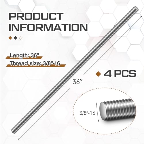 Blulu 4 Pcs 3/8"-16 Fully Threaded Rod, 36" Length - size: 3/8"-16 x 36"