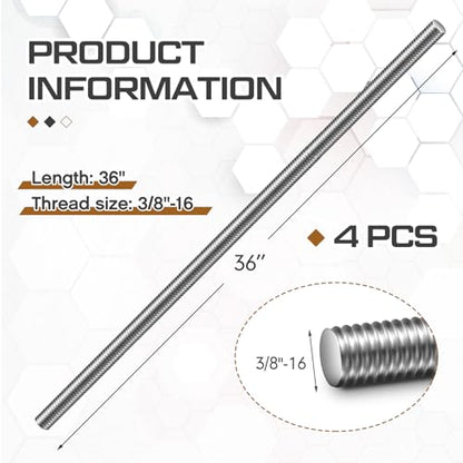 Blulu 4 Pcs 3/8"-16 Fully Threaded Rod, 36" Length - size: 3/8"-16 x 36"