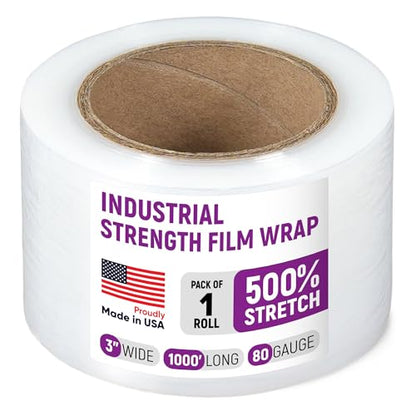 3" x 1000' Industrial Strength Stretch Wrap, Ready to Use Pack of 1 Mini Roll, Clear Plastic Film, 80 Gauge Thick, 500% Elongation – Heavy-Duty Shrink Wrap for Moving, Packing - color: 3" Wide, size: Pack of 1