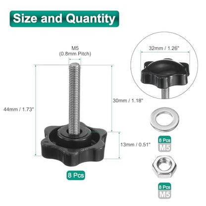 uxcell 8pcs Star Clamping Knobs with Nuts Washers, M5 x 30mm Metric 304 Stainless Steel Male Thread 32mm 6-Star Plastic Head, Threaded Stud Hand Knobs Handles Thumb Screws, Black - size: M5 x 30mm