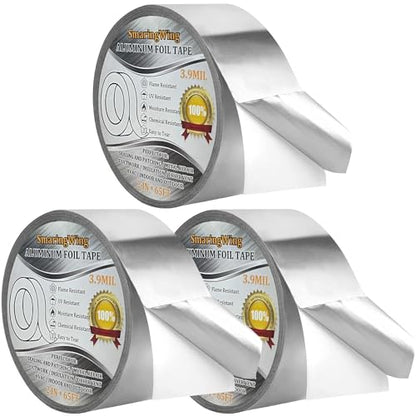 3PCS Aluminum Foil Duct Tapes Heavy Duty, Silver Metal Tape, Preminum Insulation Adhesive HVAC Tape (3.9mil,2"x65FT) High Temperature for Ductwork, Dryer Vent, Furnace, Patching Hot & Cold Air Ducts - size: 2 inch x 195 FT