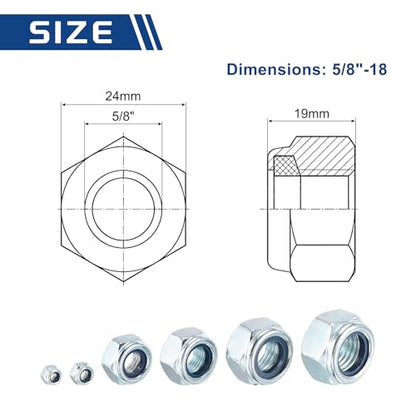 5Pcs 5/8"-18 Nylon Locking Hex Nuts CarbonSteel Blue and White - color: Blue and Whtie, size: 5/8"-18