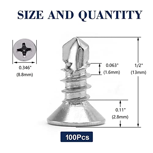 #10 x 1/2" Sheet Metal Screws 100Pcs 410 Stainless Steel Flat Head Tek Screws Fast Self Tapping Screws by SG TZH - size: #10 x 1/2"