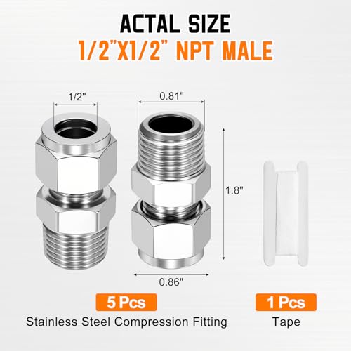 5 Pack 1/2" OD Compression x 1/2" NPT Male Union Coupling Connector - size: 1/2" OD Compression x 1/2" NPT Male
