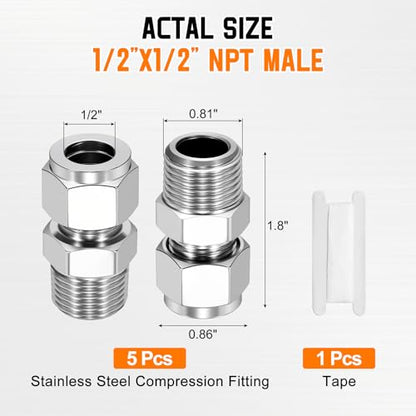 5 Pack 1/2" OD Compression x 1/2" NPT Male Union Coupling Connector - size: 1/2" OD Compression x 1/2" NPT Male
