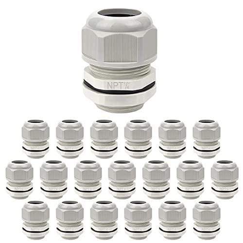 LeMotech 20 Pack NPT 1/4" Cable Glands Waterproof Adjustable 4-8mm Cable Connectors Grey Nylon Joints with Gaskets - color: Grey, size: 1/4inch 20-pack