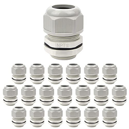 LeMotech 20 Pack NPT 1/4" Cable Glands Waterproof Adjustable 4-8mm Cable Connectors Grey Nylon Joints with Gaskets - color: Grey, size: 1/4inch 20-pack