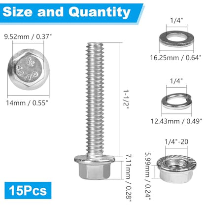 15 Sets 1/4-20 x 1-1/2" Flanged Hex Head Bolts Kits - size: 1/4-20 x 1-1/2"