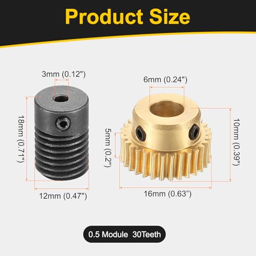uxcell Worm Gear Set Right Rotation 30T 0.5 Module 1:30 Reduction Rate - size: Gear-6mm, Rod-3mm Bore, style: 0.5M-30T