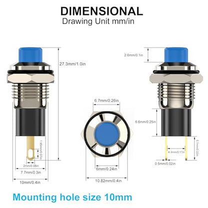 Push Button Switch, Self Locking Mini Switches Latching 10mm Round DC24V 0.5A Blue Cap 5PCS - style: Blue