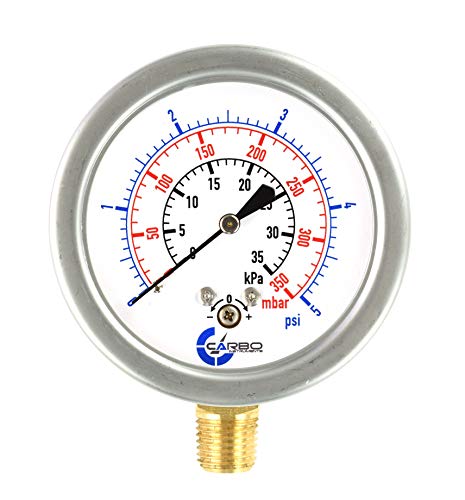 Diaphragm Low Pressure Capsule Gauge, 2-1/2" Dial, 5 PSI Range, 1/4" NPT Lower Mount, Stainless Steel Case, Brass Internals, Adjustable, Scales 5 PSI / 35 kPa / 350 mBar - size: 5 PSI