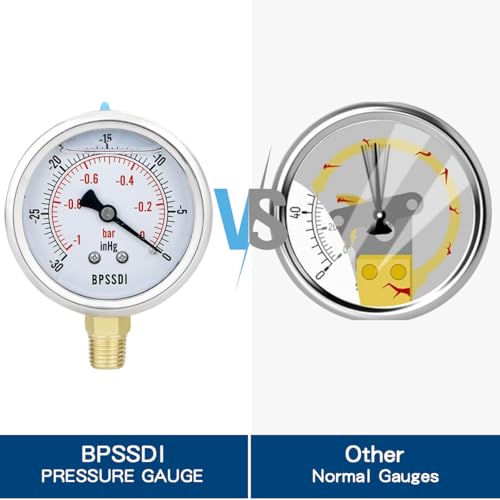 30 inHg Vacuum Silicone Oil Liquid Filled Low Pressure Gauge, 2.5" Dial Size, 1/4" NPT Lower Mount, 304 Stainless Steel Case, for Water Pipe, HVAC, Water Oil Air Pressure Test - size: -14.7-0 psi, style: Lower Mount