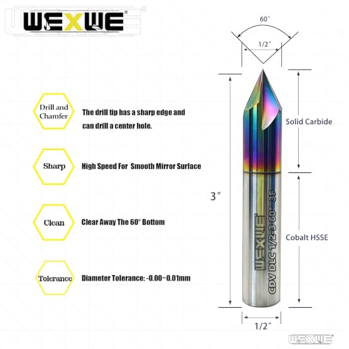 Tools Chamfer End Mill for Wood, Alloy Steel, Hardened Steel, Carving, Drilling and Chamfering, V Groove, 60 Degree, Mill Bits Sets for DIY, 3 Flute, 1/2" Shank (1 Piece, 1/2 60°) - size: 1/2-3" 3F 60° 1pcs for Wood & Alu