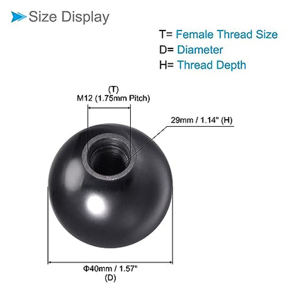 Thermoset Ball Knobs, M12 Female Thread 40mm Diameter, Plastic Metric Hand Screw Grip Black - (Applications: for Lathe Machinery Lever Handle), 2-Pieces - color: Black, size: M12 x 40mm